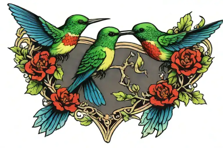 green and blue humming birds drinking from red flowers, mirrored collar bone tattoo tattoo design idea