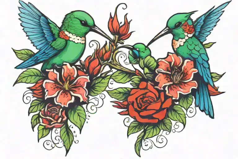 two green and blue humming birds drinking from red flowers, mirrored collar bone tattoo tattoo design idea