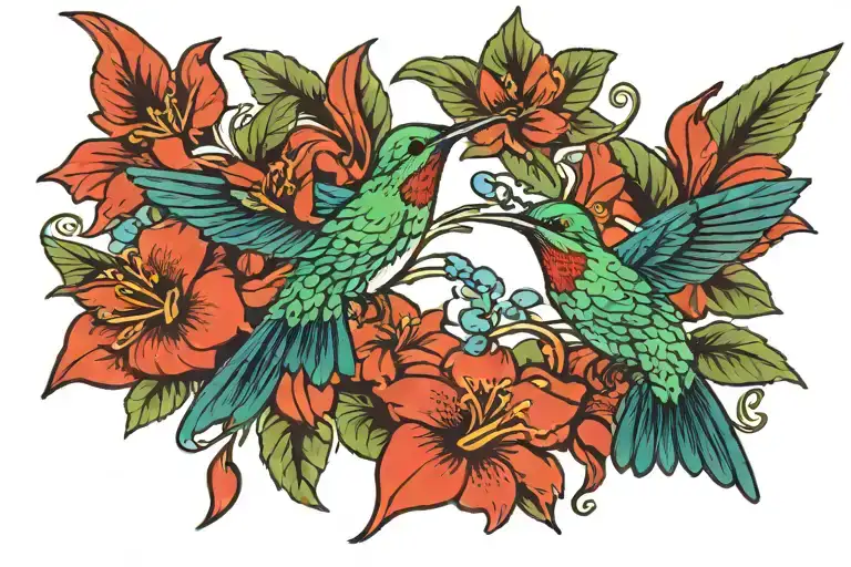 two green and blue humming birds drinking from red flowers, mirrored collar bone tattoo tattoo design idea