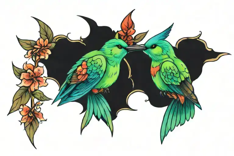 two green and blue humming birds drinking from red flowers, mirrored collar bone tattoo with a black cat tattoo design idea