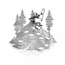 An adventurous skeleton climbing a mountain peak with a deck of cards in its hand tattoo design idea