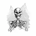 An adventurous skeleton climbing a mountain peak with a deck of cards in its hand tattoo design idea