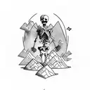 An adventurous skeleton climbing a mountain peak with a deck of cards in its hand tattoo design idea