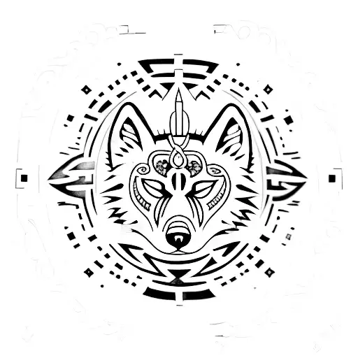A dotwork tattoo of an ancient Inca symbol merging with a silhouette of a wolf, representing the client's love for animals and Peruvian heritage tattoo design idea