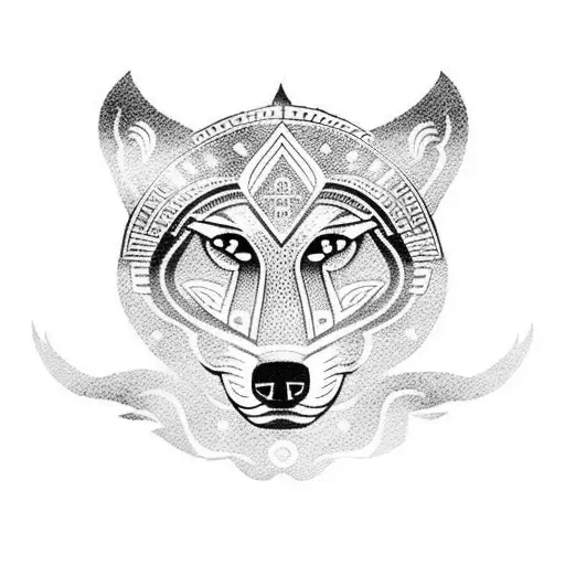 A dotwork tattoo of an ancient Inca symbol merging with a silhouette of a wolf, representing the client's love for animals and Peruvian heritage tattoo design idea