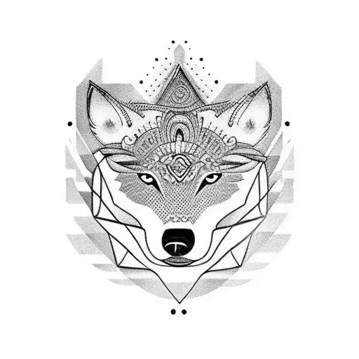 A dotwork tattoo of an ancient Inca symbol merging with a silhouette of a wolf, representing the client's love for animals and Peruvian heritage tattoo design idea