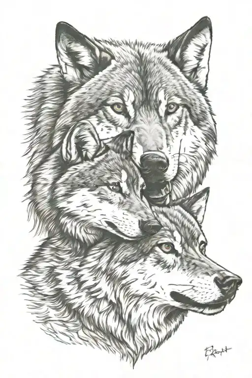 Photo realistic male wolf with his head pressed to a female wolf. Male has brown eyes,  with a darker coat. female has g tattoo design idea