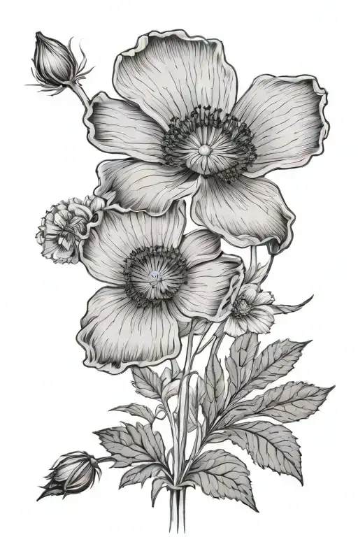 the center flower will be a Poppy Anemone with hebrew words as the stem. two flowers will be branching off of the stem.  tattoo design idea