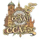 center letters "CCAA" surrounded by famous cologne buildings tattoo design idea