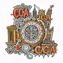 center letters "CCAA" surrounded by famous cologne buildings tattoo design idea