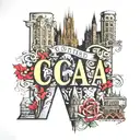 center letters "CCAA" surrounded by famous cologne buildings tattoo design idea