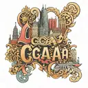 center letters "CCAA" surrounded by famous cologne buildings tattoo design idea