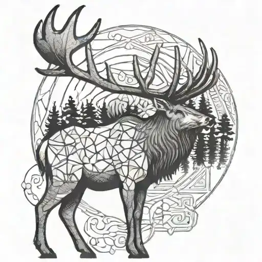 A majestic elk standing in a Colorado forest with intricate geometric patterns in the background tattoo design idea