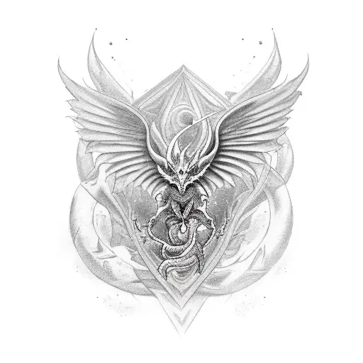 A realistic tattoo design of a sleeve featuring various mythical creatures like elves, dragons, and other magical beings tattoo design idea