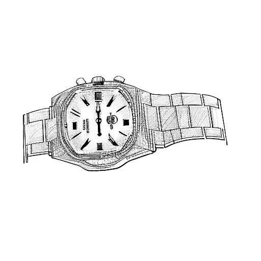 a Seiko watch with squares at hours 12, 9, 6, 3, the watch is metalic tattoo design idea