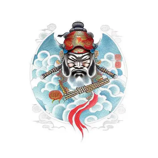 guan kong chinese warrior sleeve tattoowith waves in the background tattoo design idea