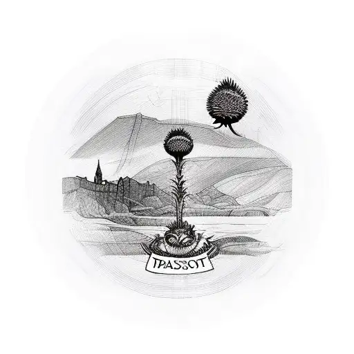 Scotland passport stamp with a thistle and the loch Ness monster tattoo design idea