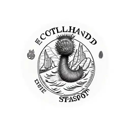 Scotland passport stamp with a thistle and the loch Ness monster tattoo design idea
