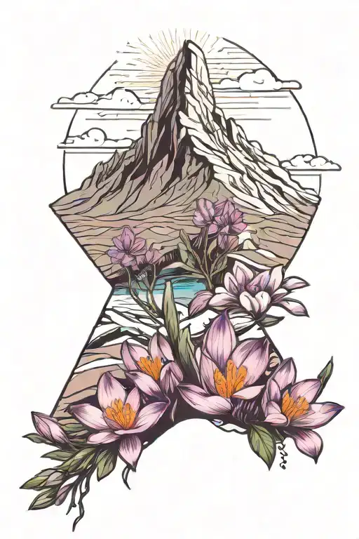 composition with a mountain WITHOUT RIVERS AND TREES (Gran Sasso, Italy), Crocus flowers, and an explorer trekking.  tattoo design idea