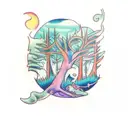 A mystical forest with hidden creatures tattoo design idea