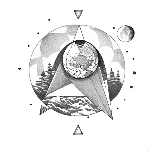 Triangle with globe inside and a moon going around it tattoo design idea