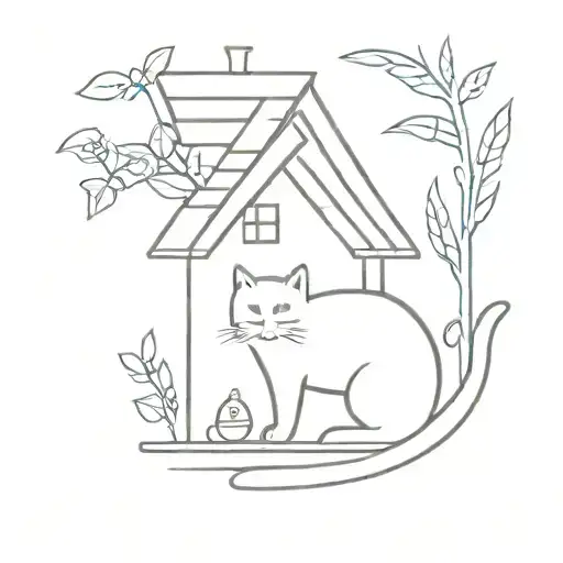 fine line kazoo (musical instrument) adorned with a small folky house, a simple cat, a thin leaf/branch tattoo design idea