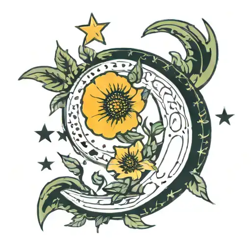 half moon surounding moonflowers and 8 stars capricorn  tattoo design idea