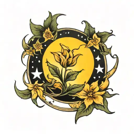 half moon surounding moonflowers and 8 stars tattoo design idea