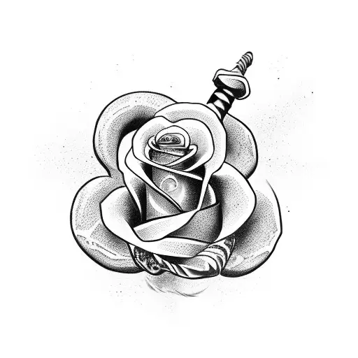 Gladiator sword tattoo with a snake coiled around it and a rose on the handle tattoo design idea