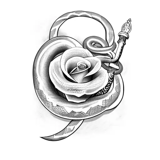 Gladiator sword with a snake coiled around it and a rose on the handle tattoo design idea