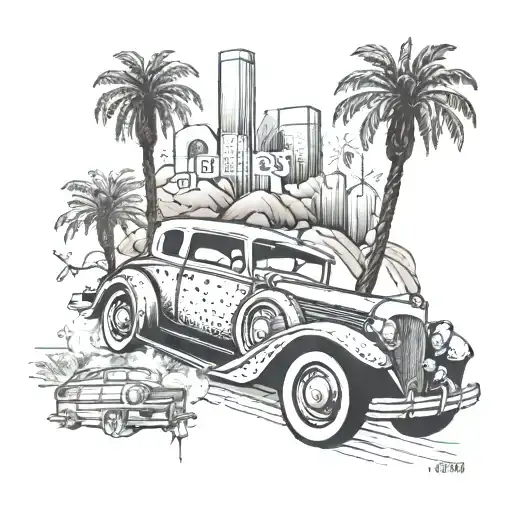 A wedding themed tattoo featuring the Hollywood sign and a lowrider car tattoo design idea