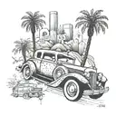 A wedding themed tattoo featuring the Hollywood sign and a lowrider car tattoo design idea