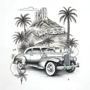 A wedding themed tattoo featuring the Hollywood sign and a lowrider car tattoo design idea
