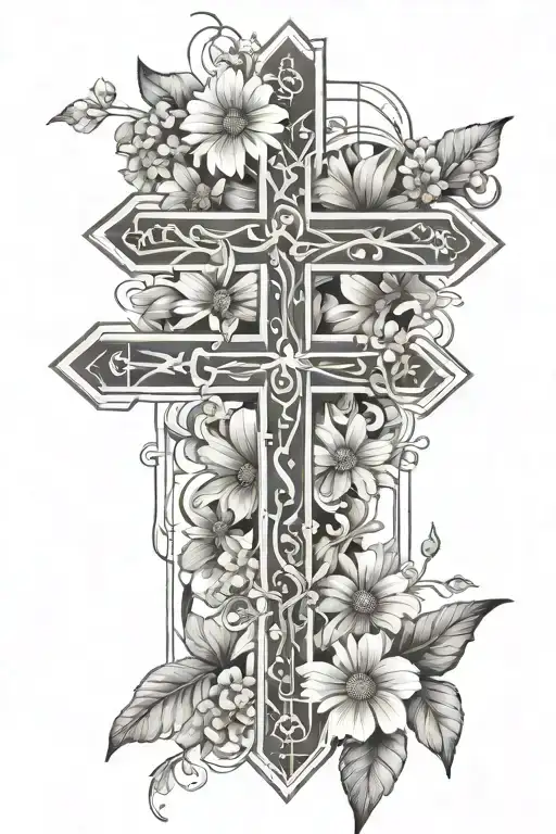 negative space cross with floral design, serotonin symbol, geometric shape, and flowers including daisies and larkspur tattoo design idea