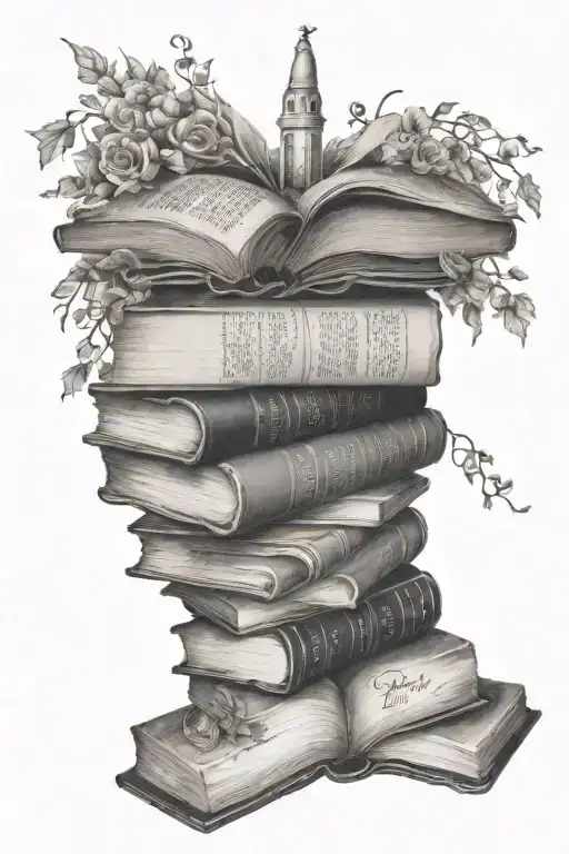 A stack of books with a subtle bible verse incorporated into the spines, showcasing the love for reading and faith tattoo design idea