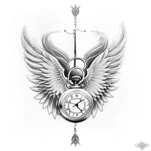 A pocket watch with wings symbolizing the concept of time passing but us moving forward tattoo design idea