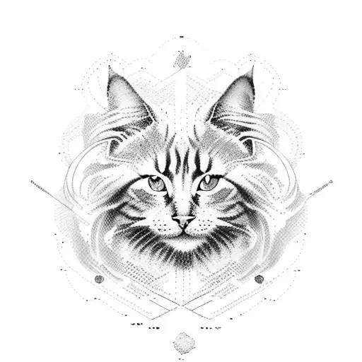 Silhouette of a long-haired cat sitting on his back made of a calligram of the word "Pandora" tattoo design idea