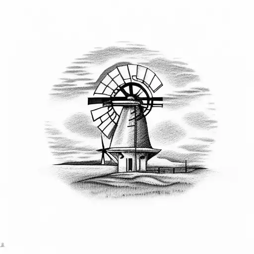 Sunset with Windmill and 2 bucks and a doe grazing tattoo design idea