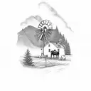 Ranch Style windmill with sunset background and a whitetail buck grazing tattoo design idea