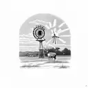 Ranch Style windmill with sunset background and a whitetail buck grazing tattoo design idea