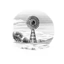 Ranch Style windmill with sunset background and a whitetail buck grazing tattoo design idea