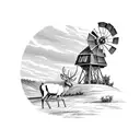 Ranch Style windmill with sunset background and a whitetail buck grazing tattoo design idea