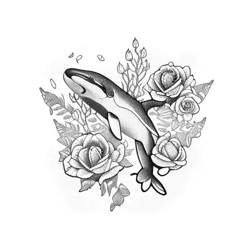 orca with flowers tattoo design idea
