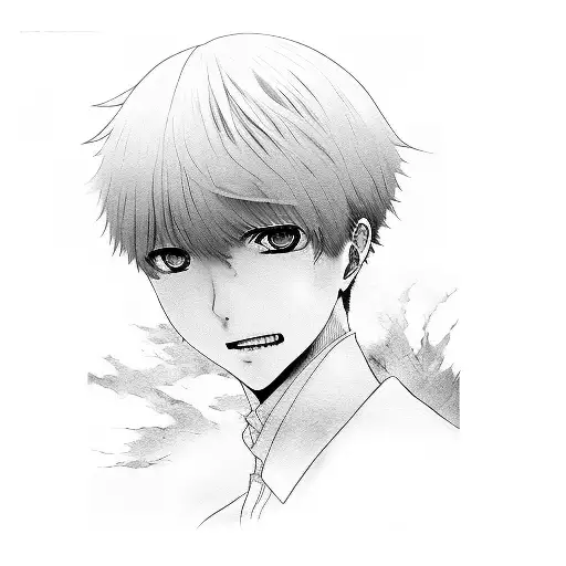 A detailed portrait of Ken Kaneki from Tokyo Ghoul surrounded by iconic manga panels tattoo design idea