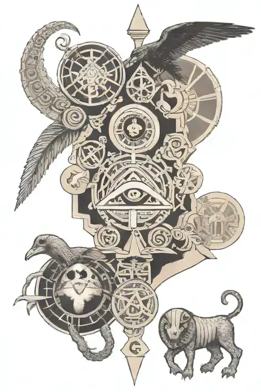A finance themed tattoo incorporating ancient symbols from Greece and Egypt, intertwined with mysterious alien symbols and conspiracy theory motifs tattoo design idea