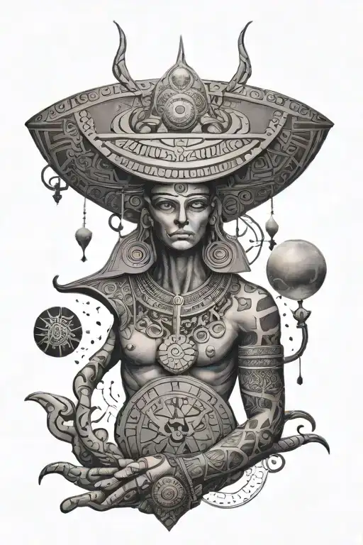 A finance themed tattoo incorporating ancient symbols from Greece and Egypt, intertwined with mysterious alien symbols and conspiracy theory motifs tattoo design idea