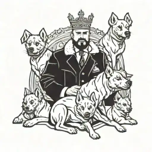 A boss standing confidently with a crown and a pack of loyal dogs by their side tattoo design idea