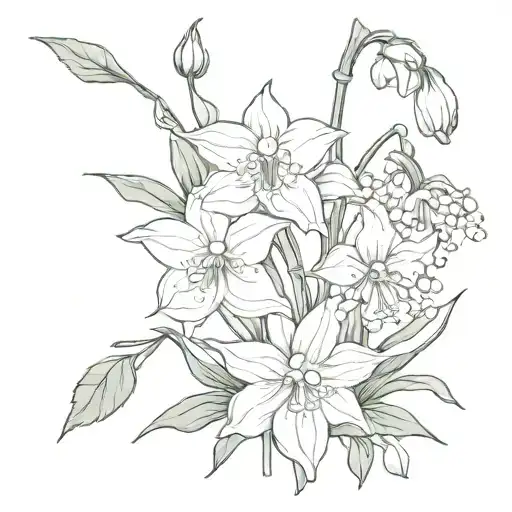 cosmo, lily of the valley, and narcissus simple bouqet. on stalk each. tattoo design idea