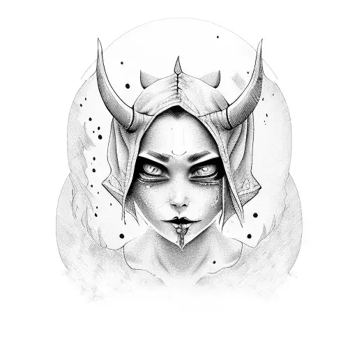 crying girl with devil mask tattoo design idea