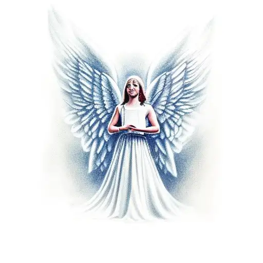 angel holding a scroll with the name Emily and the date 30.08.2015 tattoo design idea